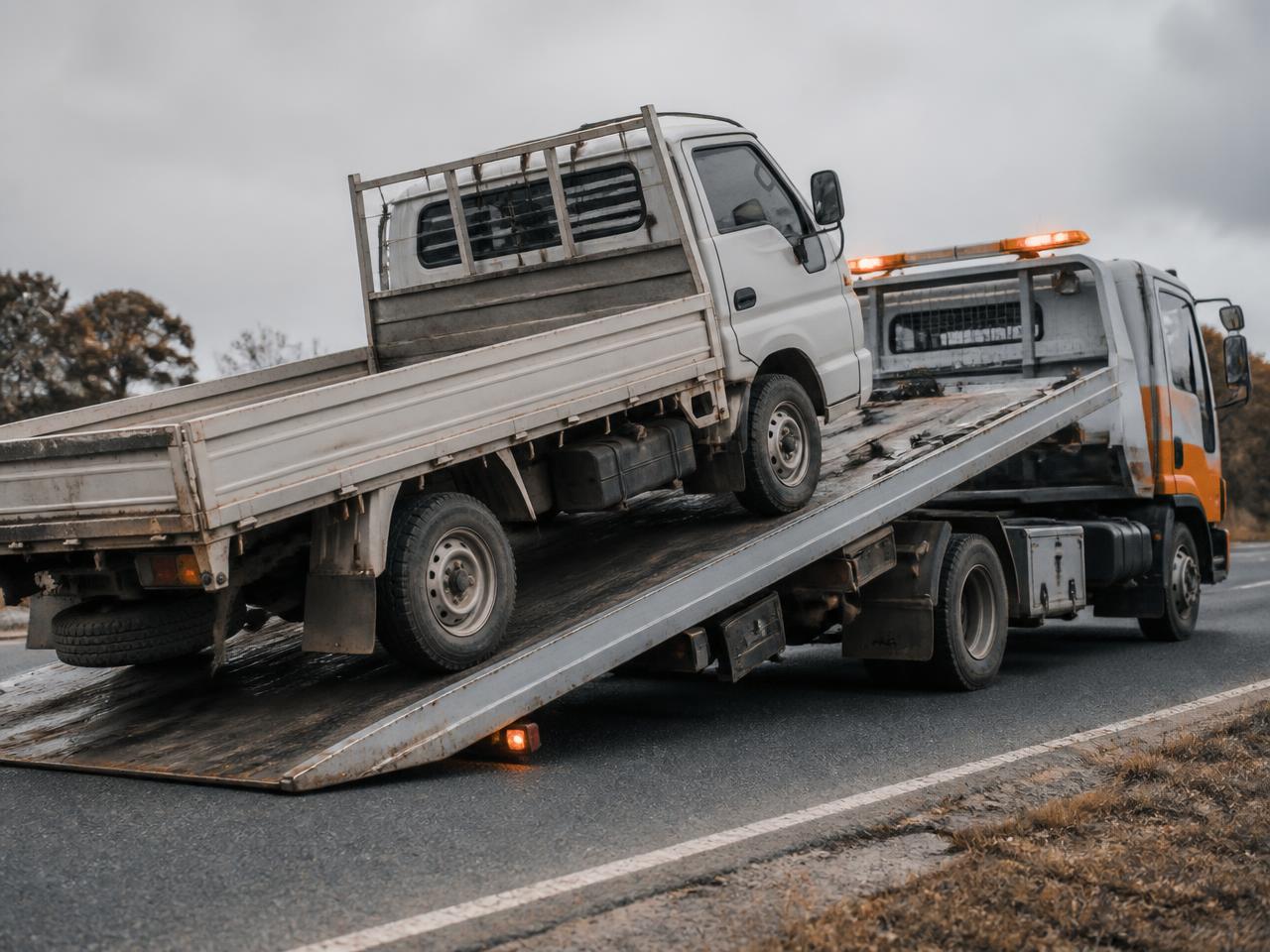 Light truck loaded on a tilt tray for light truck towing