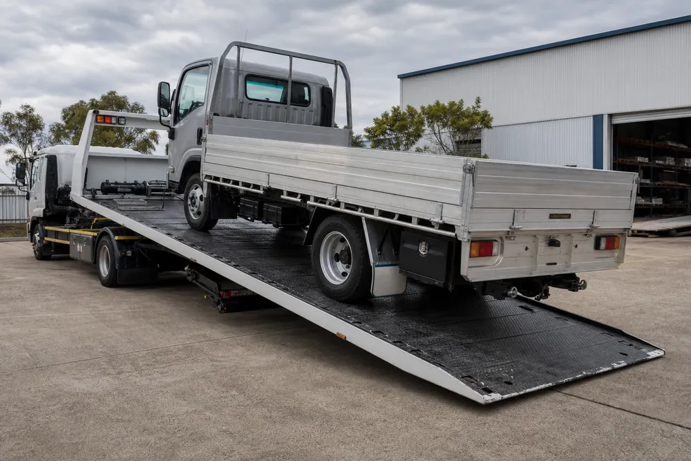 Silver light truck on a tilt tray transporter outside an industrial workshop